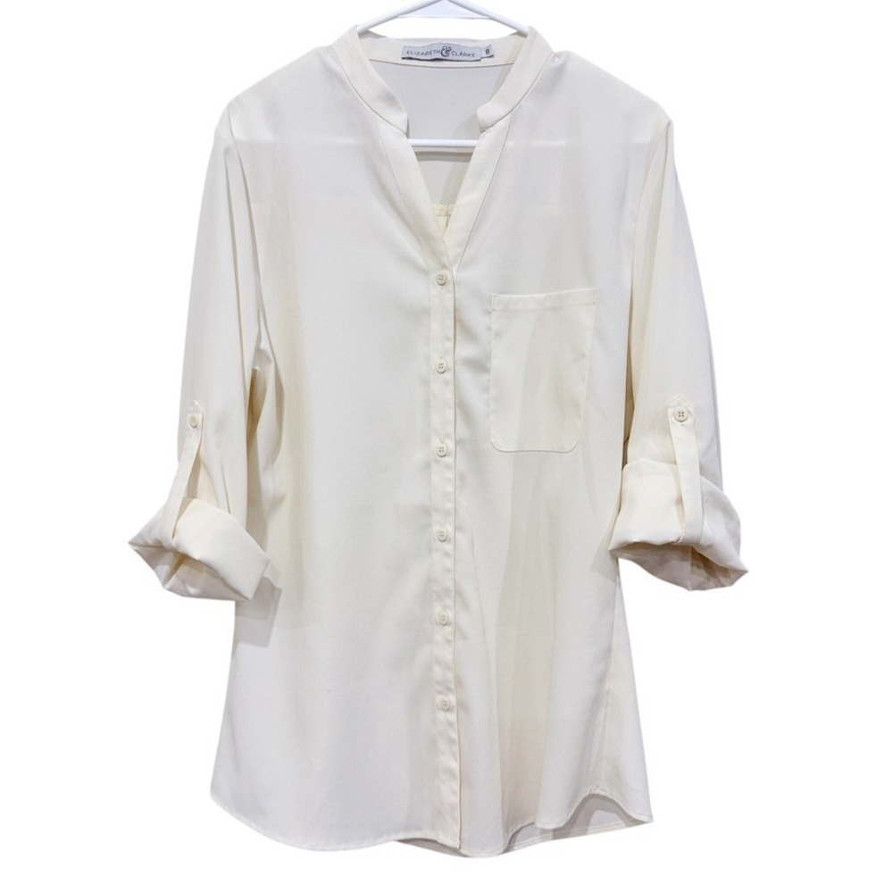 Elizabeth & Clarke The Taylor Blouse Womens 8 Ivory Button Down Roll Tab Sleeve